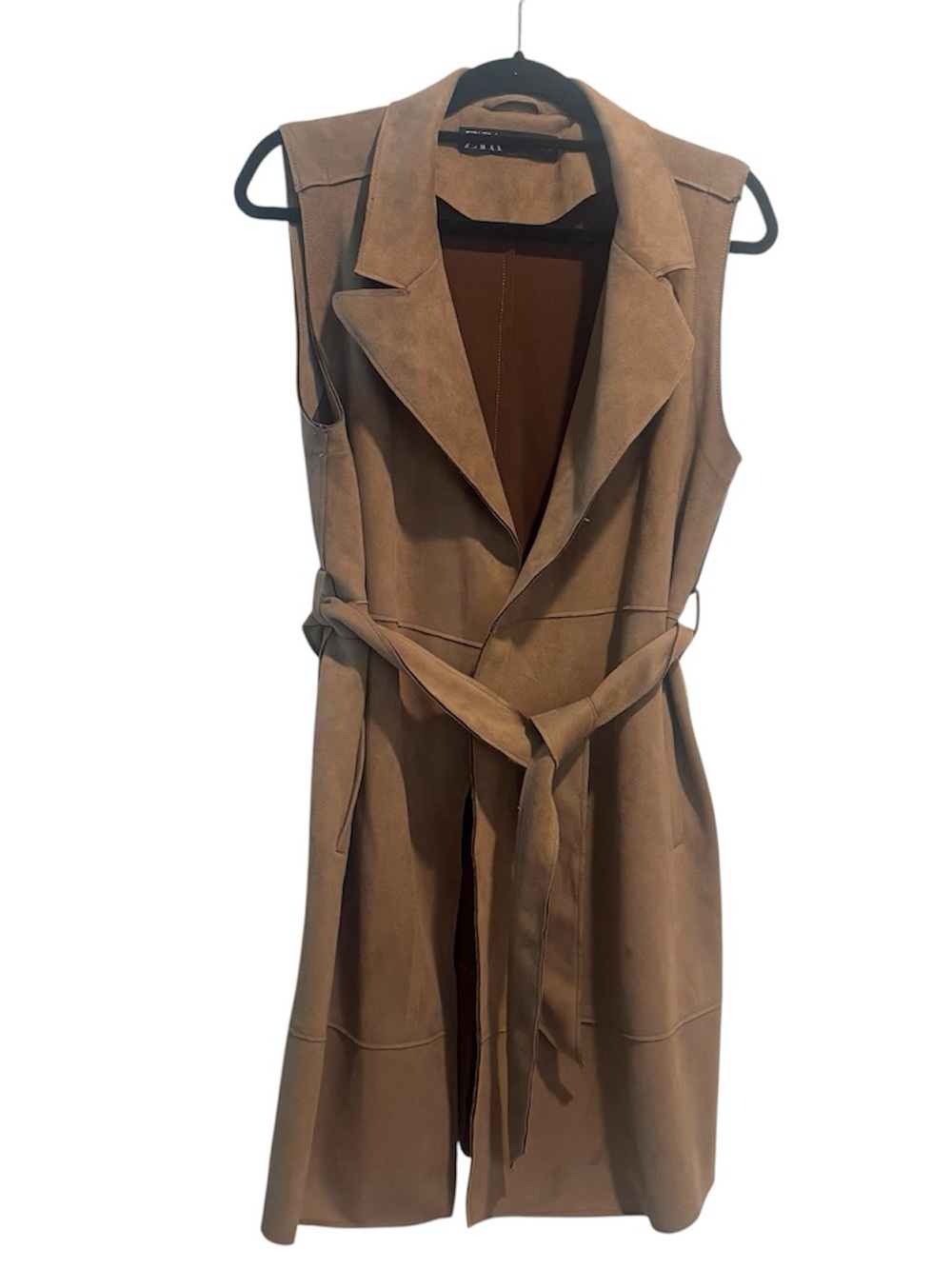 Zara Belted Faux Suede Duster Trench Vest M Tan Camel Open Front Minimalist Chic